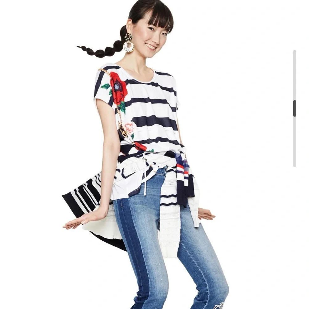 Desigual Tee - Navy & White with Red Poppy - Picture 3 of 8